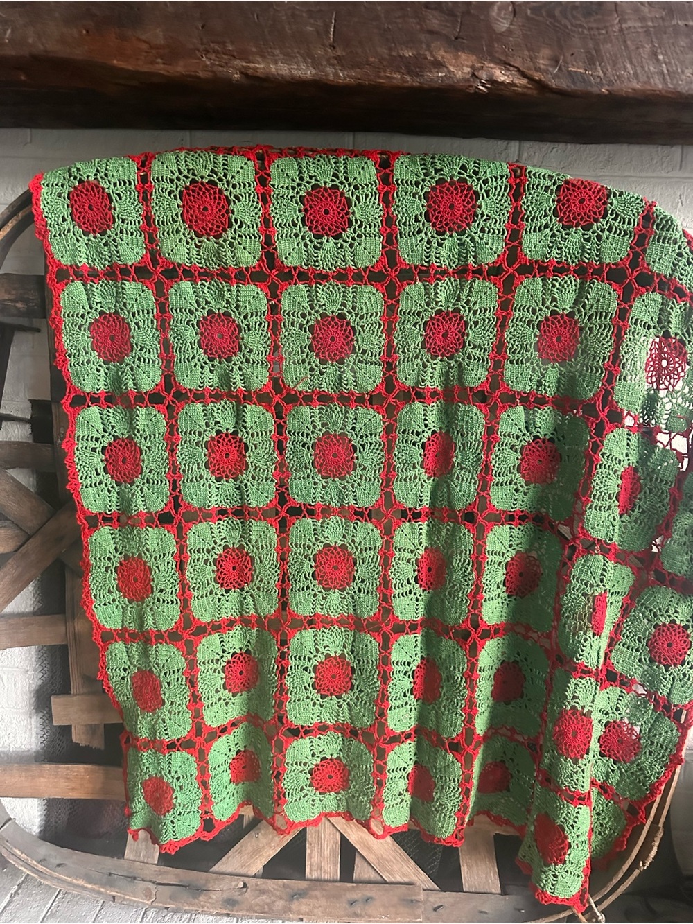 Vintage handmade red and green table cover
